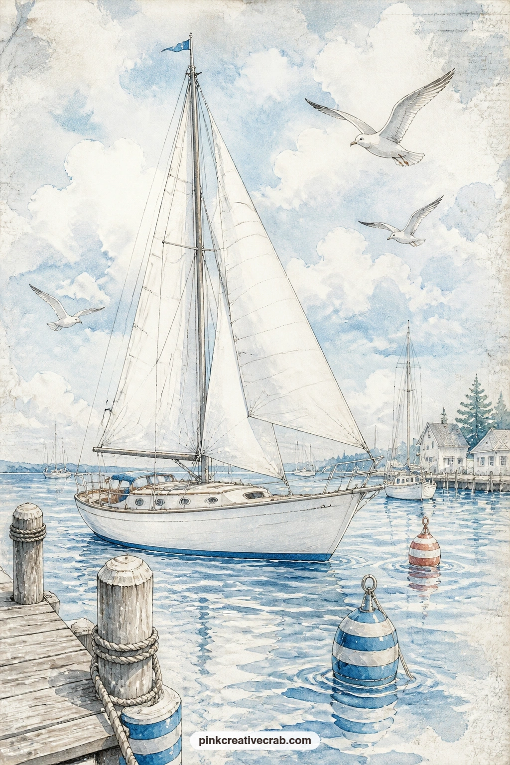 Sailboat In A Sunny Harbor printable page — A single sailboat leans into a light breeze while gulls circle overhead and striped buoys bob along the waterline