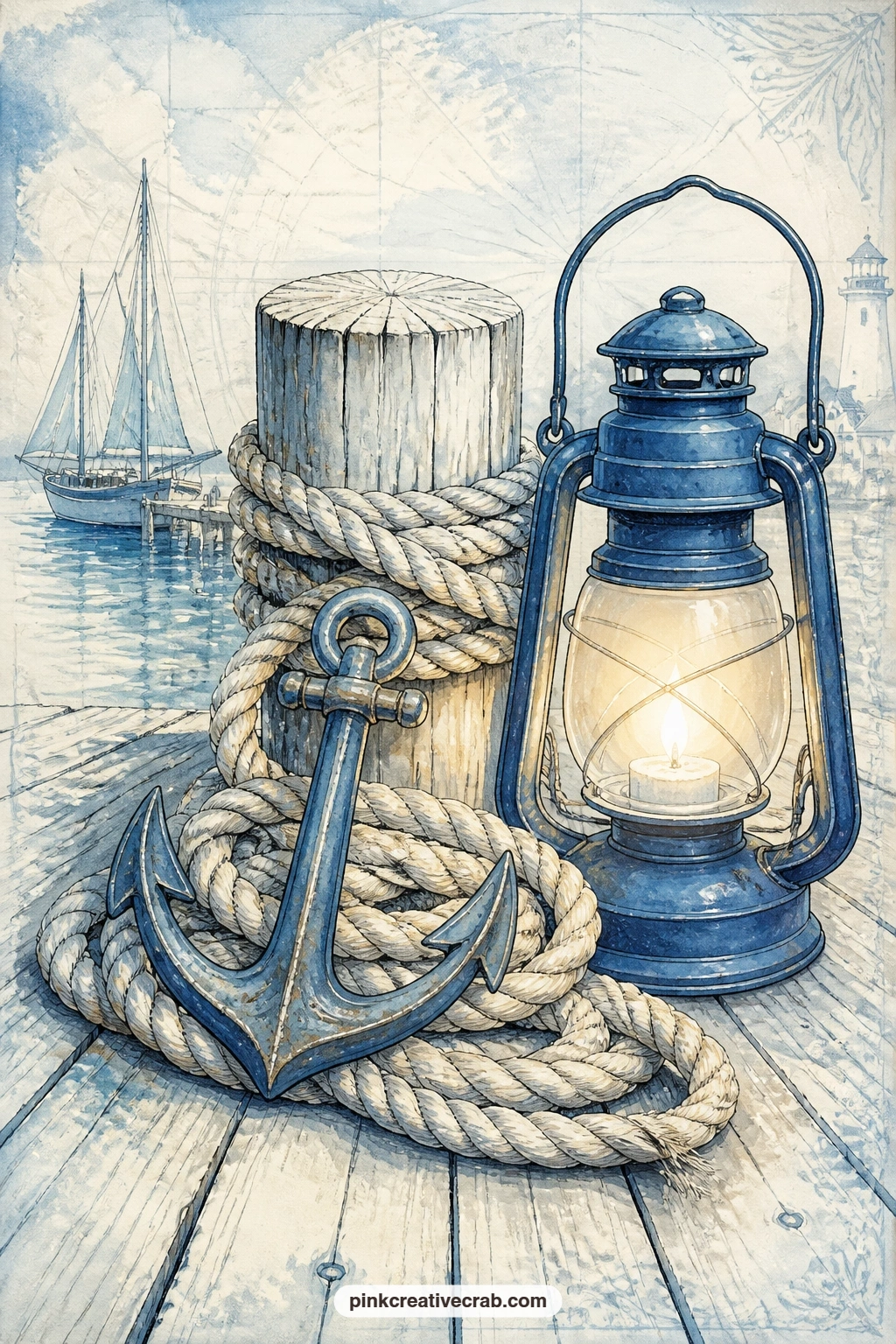 Rope Anchor And Lantern On A Dock printable page — Pair this one with the rope knots and ship wheels background a few pages on: use a strip of it as a narrow