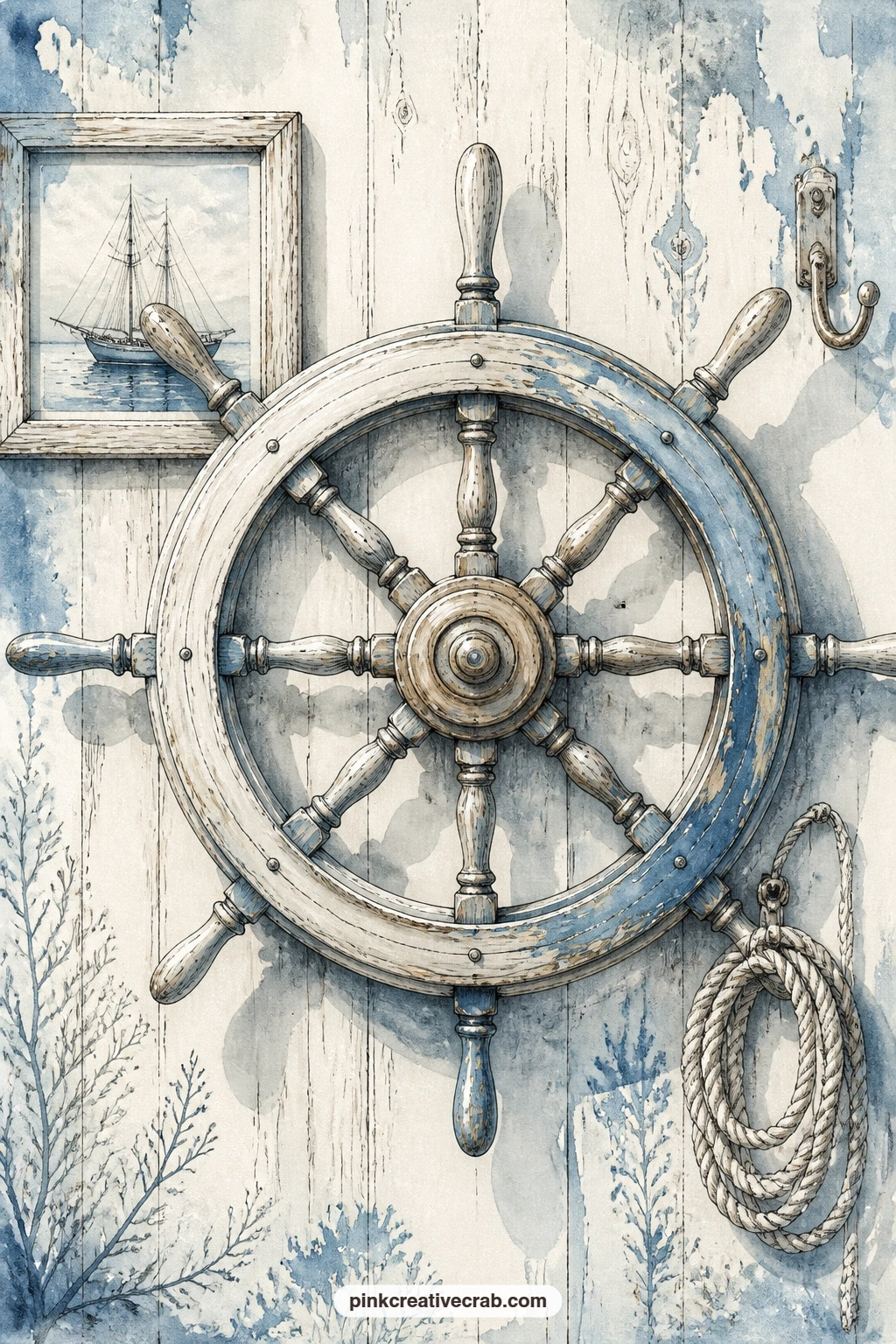 Ship Wheel On A Weathered Wall printable page — Hanging against worn wooden boards, the ship wheel gathers a coiled rope, a small brass hook and a faded
