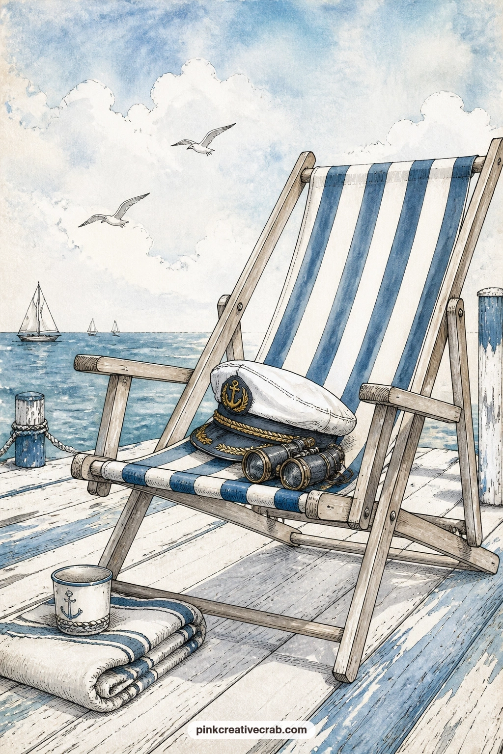 Striped Deck Chair With Captain's Hat printable page — The usual mistake with a page like this is leaving too much bare deck around the chair, which makes it
