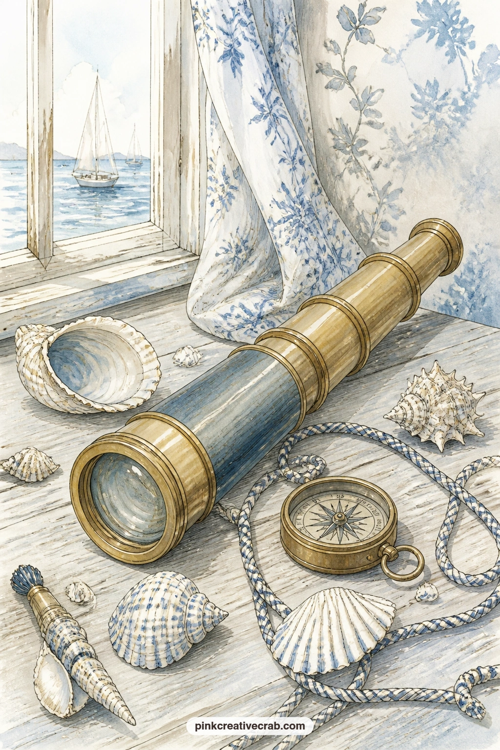 Brass Spyglass And Seashells printable page — Glued to a wooden table alongside scattered seashells, a coiled cord and a small compass, a brass spyglass