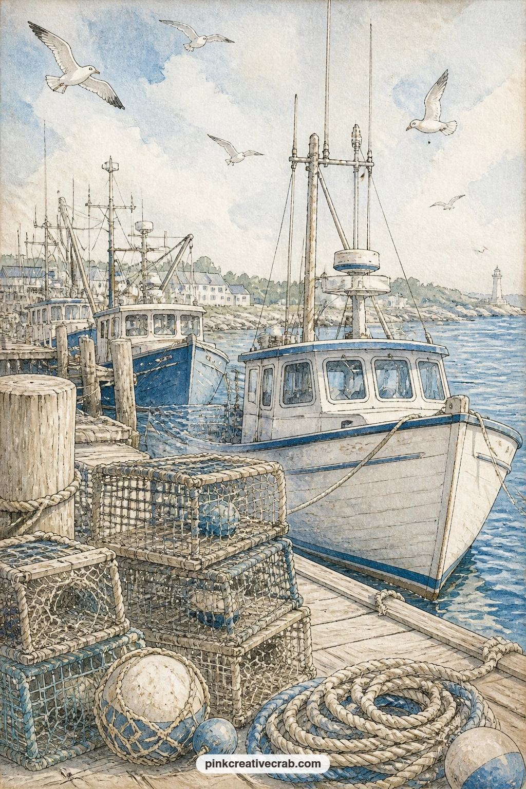 Harbor With Fishing Boats And Lobster Traps printable page — Stacked lobster traps sit beside a row of weathered fishing boats, with coiled nets and a
