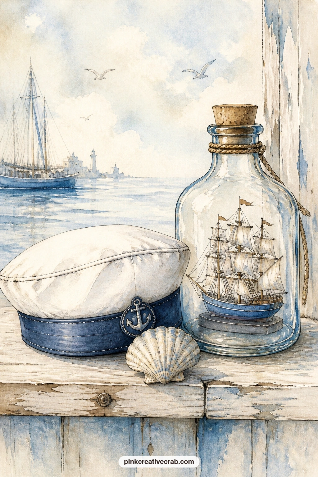 Sailor Cap And Ship In A Bottle printable page — What is one harbor memory worth keeping in a bottle, even an ordinary one. Nautical junk journal