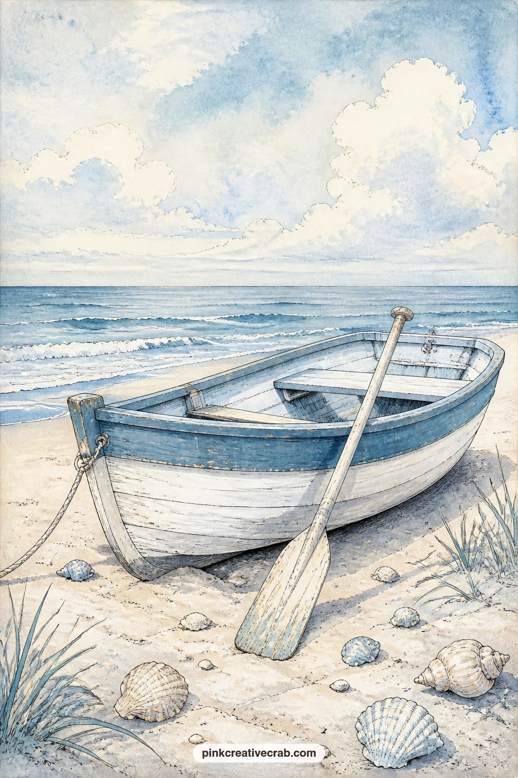 Small Rowboat On The Sand printable page — Painted blue and white and pulled up onto pale sand, a small rowboat rests with an oar leaning against its side and