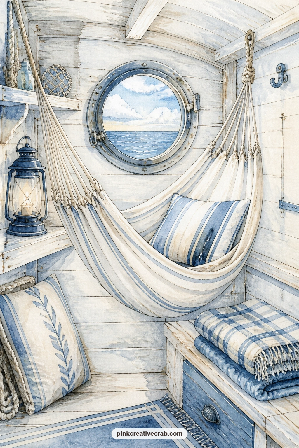 Cozy Boat Cabin With Hammock printable page — Five minutes short on time. Nautical junk journal