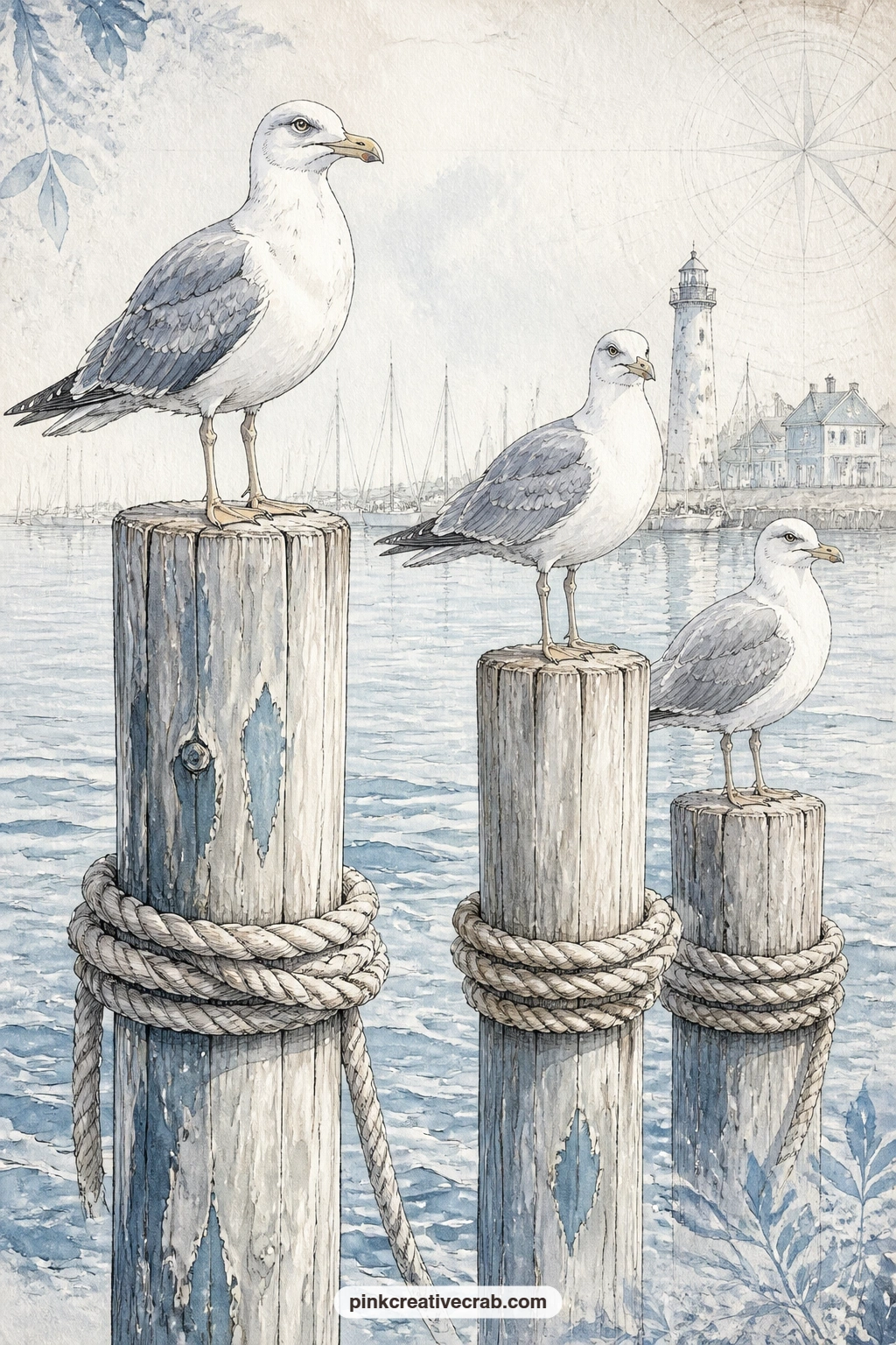 Seagulls On Dock Posts printable page — Three seagulls perch along a row of weathered dock posts wrapped in coiled rope, watching the harbor water ripple