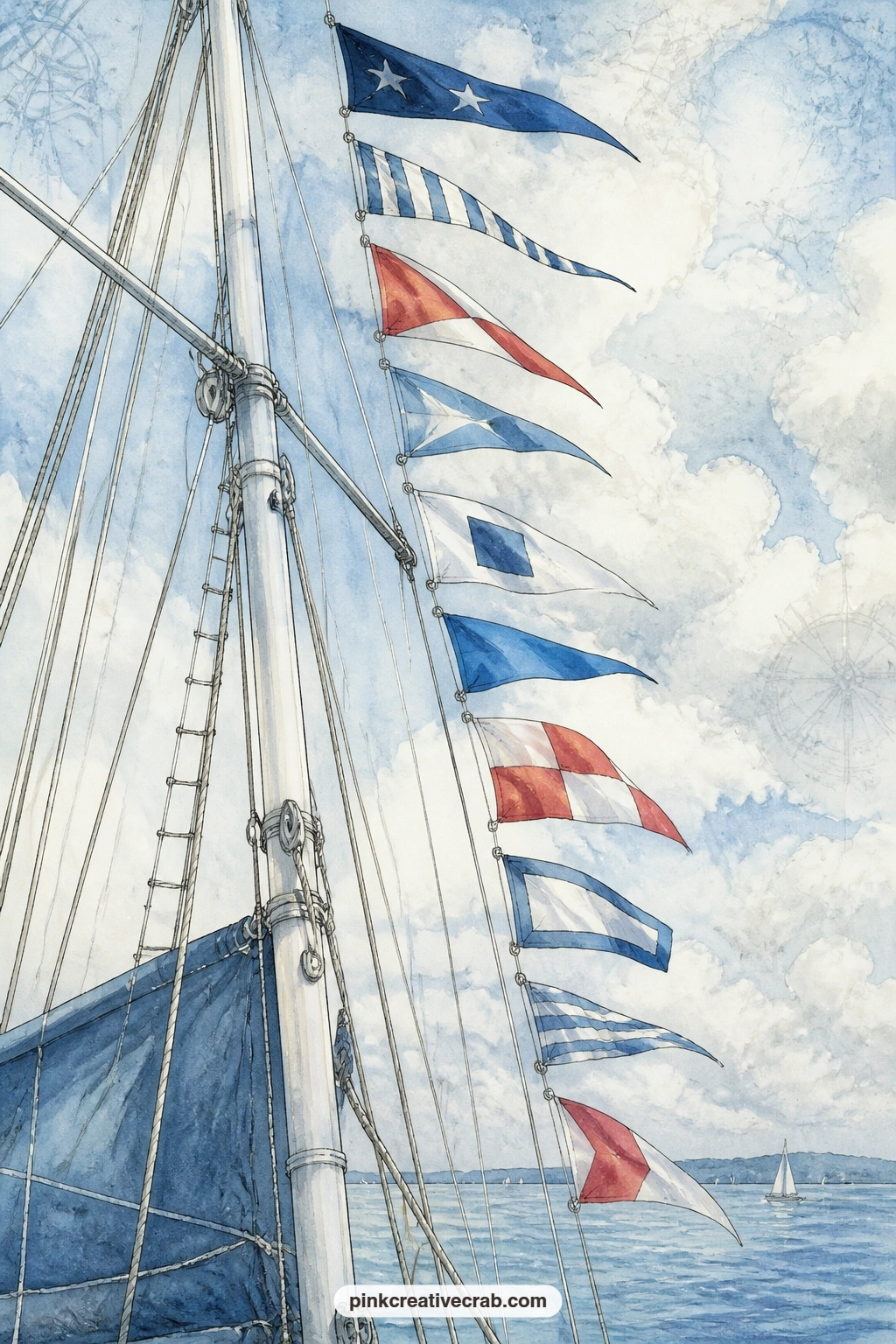 Pennant Flags On A Mast printable page — Place a photo from a sailing trip or a beach day right over the painted sky here, since the fluttering pennant flags