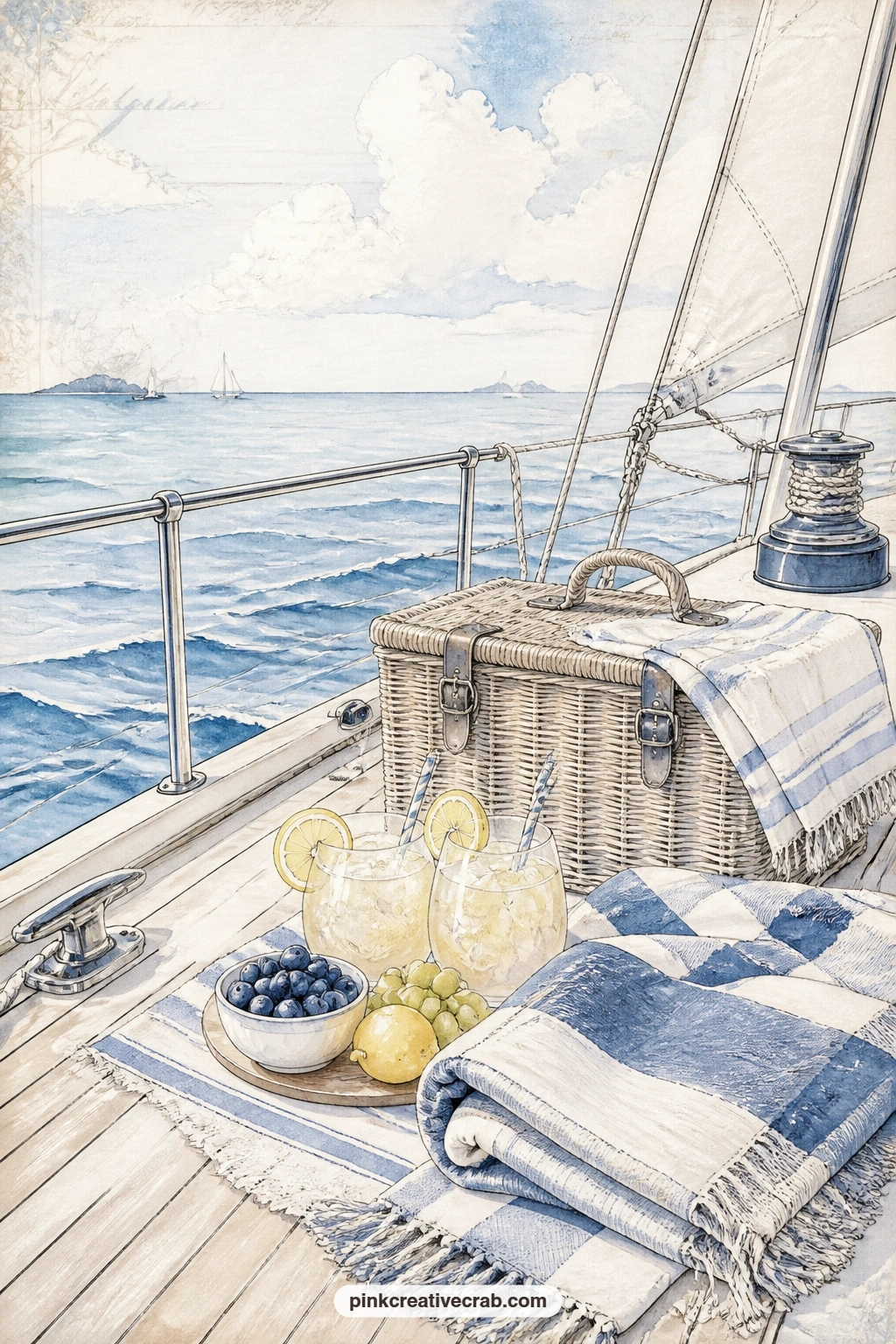 Picnic On A Sailboat Deck printable page — A woven basket, two glasses of lemonade and a folded blanket make a simple picnic spread across a sunlit sailboat