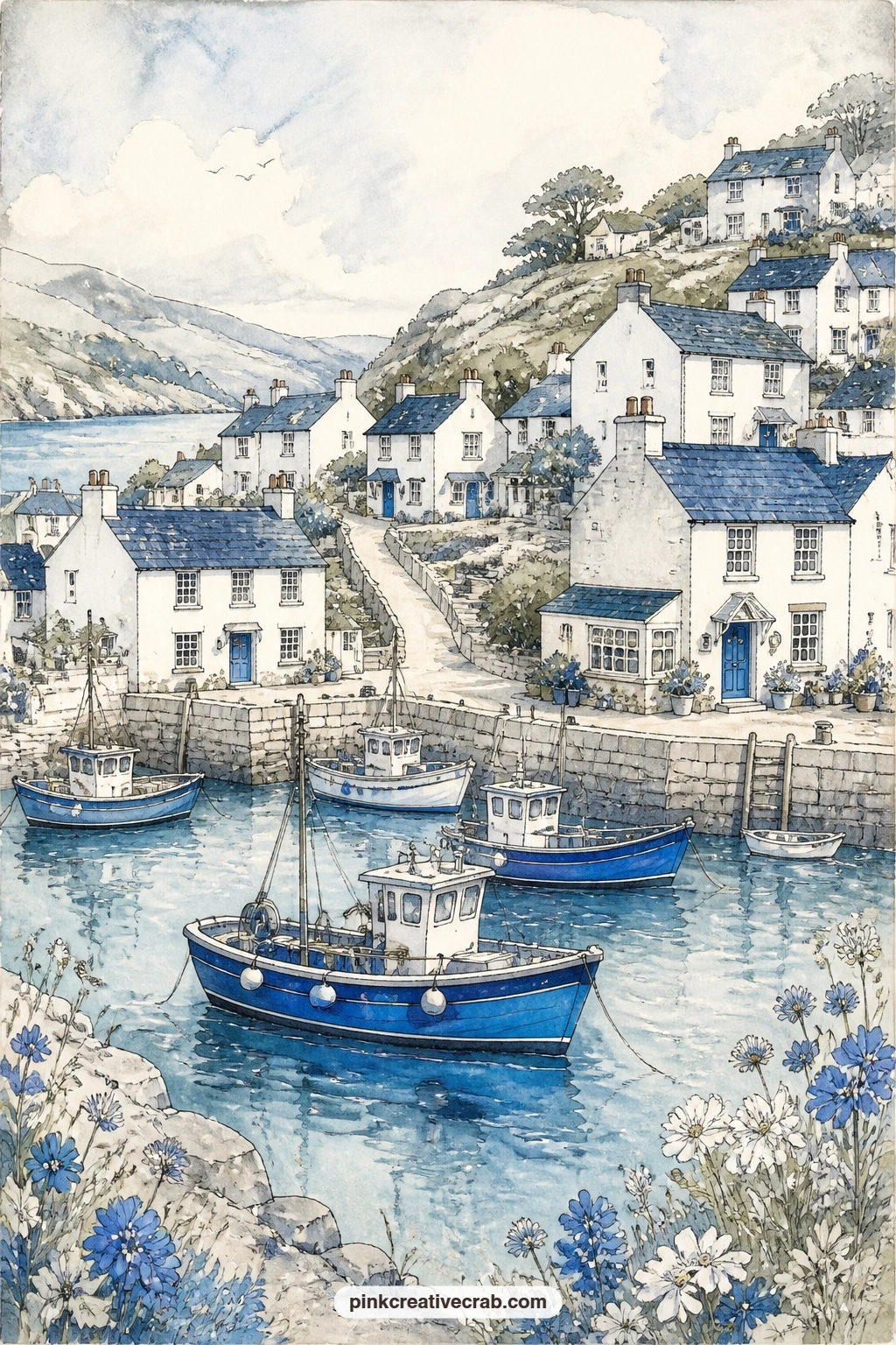 Harbor Village With White Cottages printable page — White cottages climb a gentle hillside above a row of blue boats resting at anchor, the whole village
