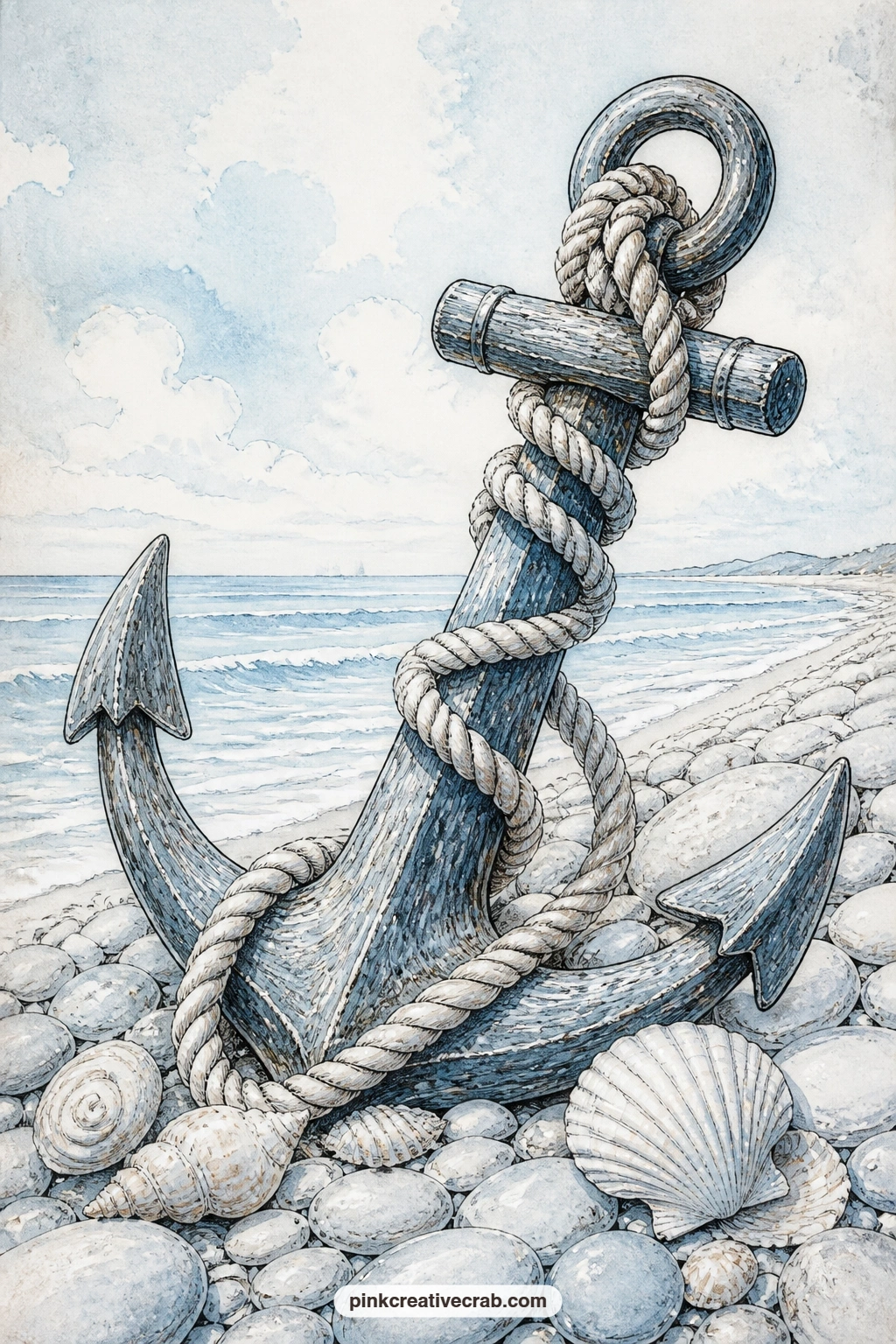 Anchor Wrapped In Rope On Pebbles printable page — Tear the right edge of this sheet by hand before gluing it in, rather than cutting it with scissors.
