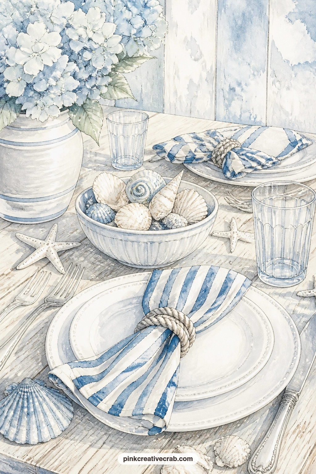 Nautical Table Setting printable page — Striped napkins, a small bowl of shells and simple white plates lay out a nautical table setting, ready for a seaside