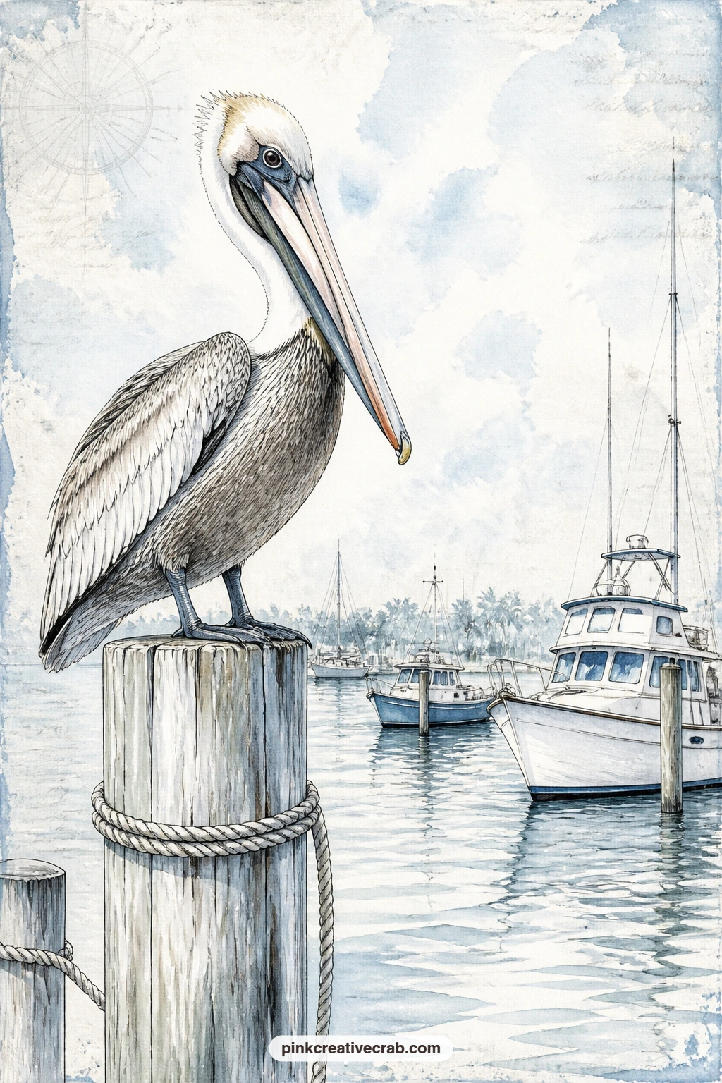 Pelican On A Marina Piling printable page — A pelican rests on a weathered piling at the edge of the marina, its shadow falling across the water while small