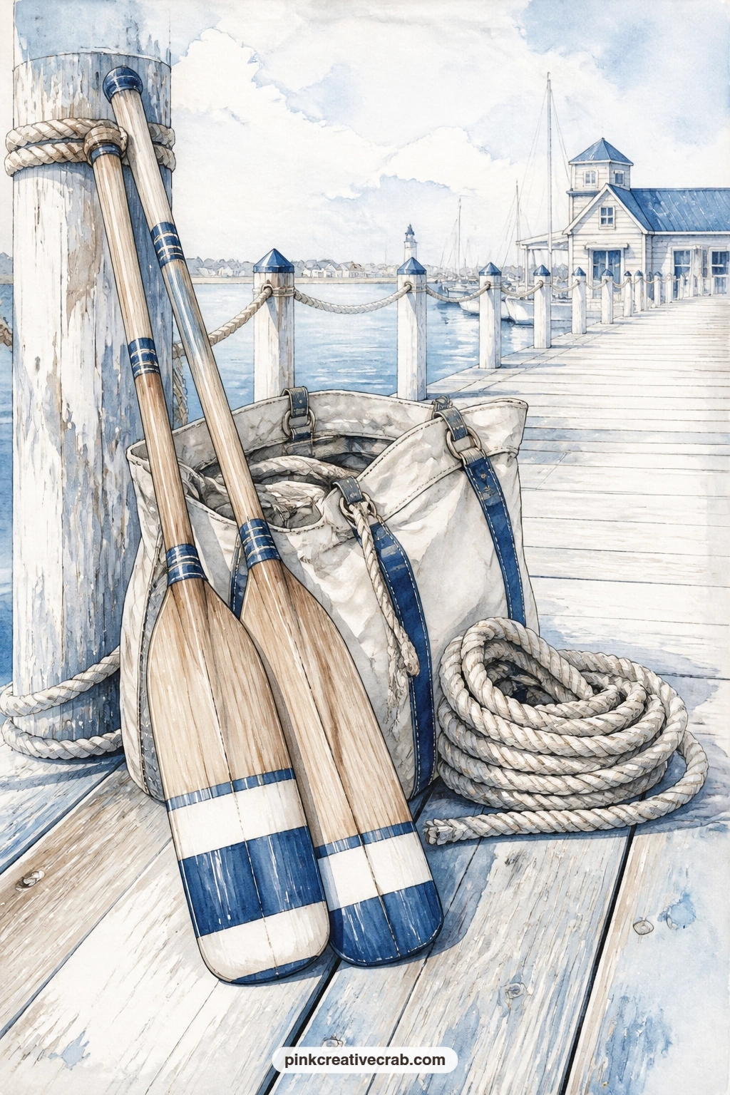 Oars And Canvas Bag On The Boardwalk printable page — Keep this page for a simple packing list: what goes in the canvas bag before a day on the water, from