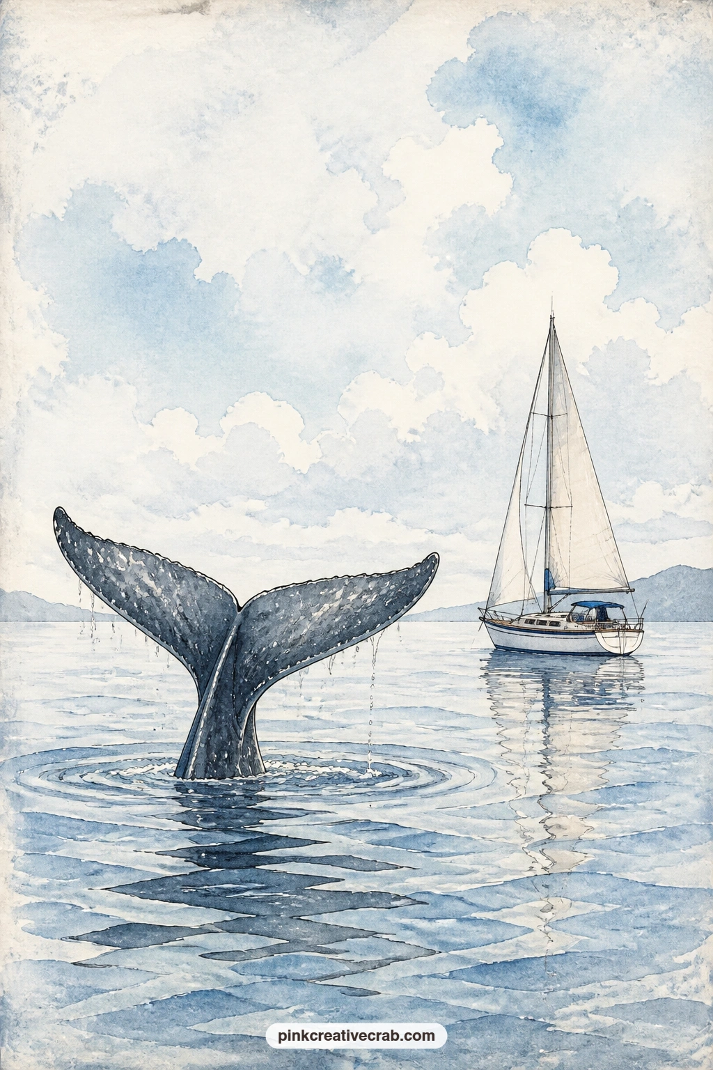 Whale Tail Near A Sailboat printable page — A whale tail rises gently from calm water near a drifting sailboat, the surface barely rippling under a wide open