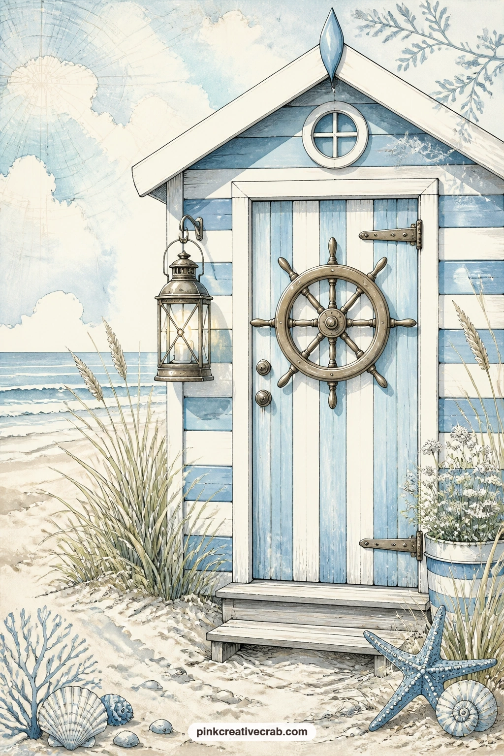 Beach Hut With A Ship Wheel Door printable page — Painted blue and white with a ship wheel fixed to its door, a small beach hut sits among dune grass with a