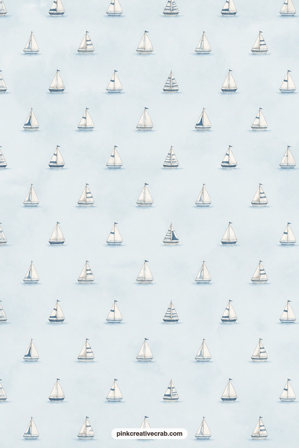 Tiny Sailboats On Pale Blue Background printable page — Small sailboats drift in loose rows across a soft pale blue field, suited to a photo backing, a pocket