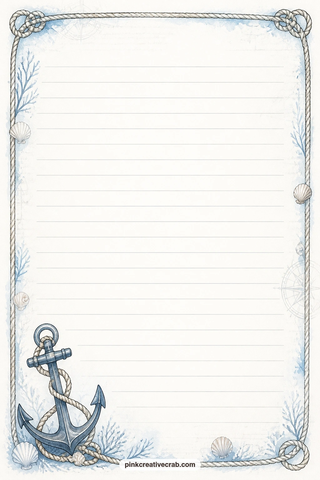 Anchor And Rope Corner Lined Page printable page — An anchor wrapped lightly in rope sits in one corner, leaving the ruled lines free for a gift list, a