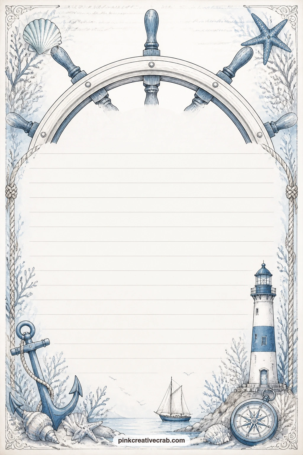 Ship Wheel Frame Lined Page printable page — A ship wheel outline frames the top edge of the sheet, leaving open ruled lines below for a captain's log entry, a