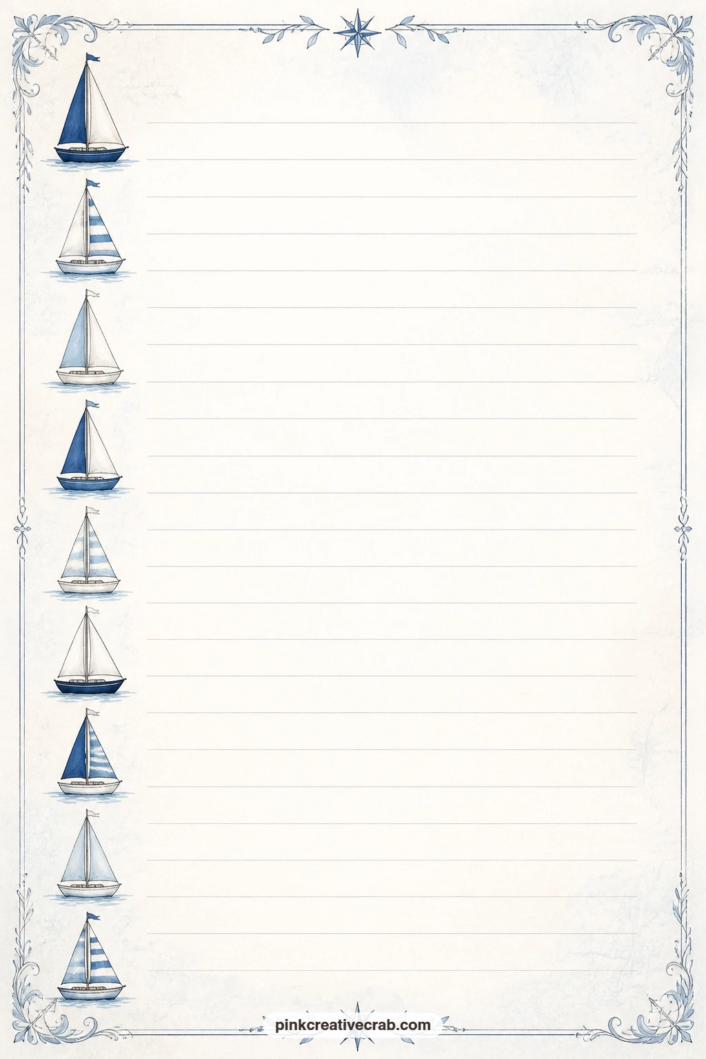 Sailboat Regatta Lined Page printable page — A small band of sailboats drifts along one side of the page, leaving the ruled lines open for a race day memory, a
