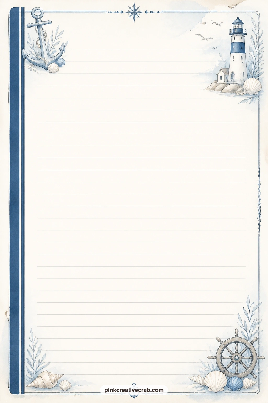 Navy Stripe Nautical Lined Page printable page — A thin navy stripe runs down one edge of the sheet, framing open ruled lines for a travel diary entry, a