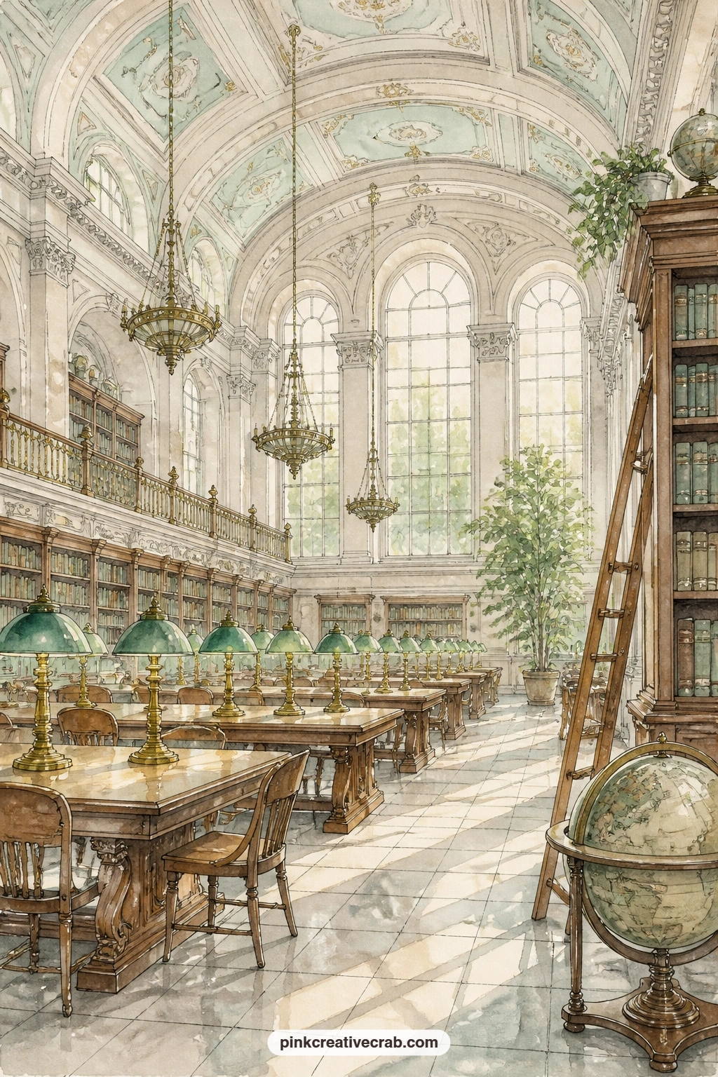 Grand Reading Room printable page — Long tables stretch under rows of green study lamps, the kind of room that asks you to lower your voice before you even sit