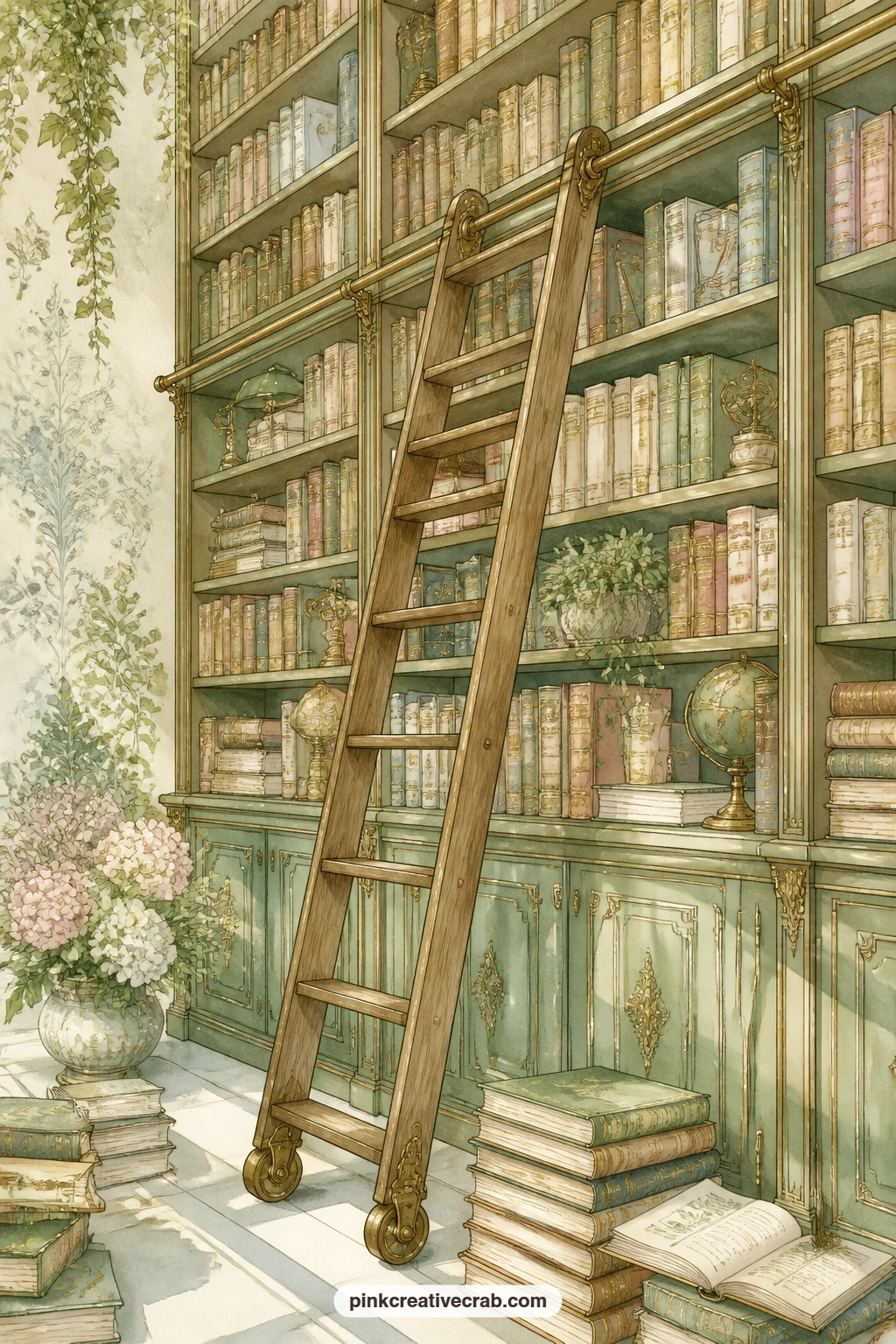Rolling Ladder On Shelves printable page — A wooden ladder runs on brass rails up a wall of floor to ceiling bookshelves, waiting for someone to climb for the