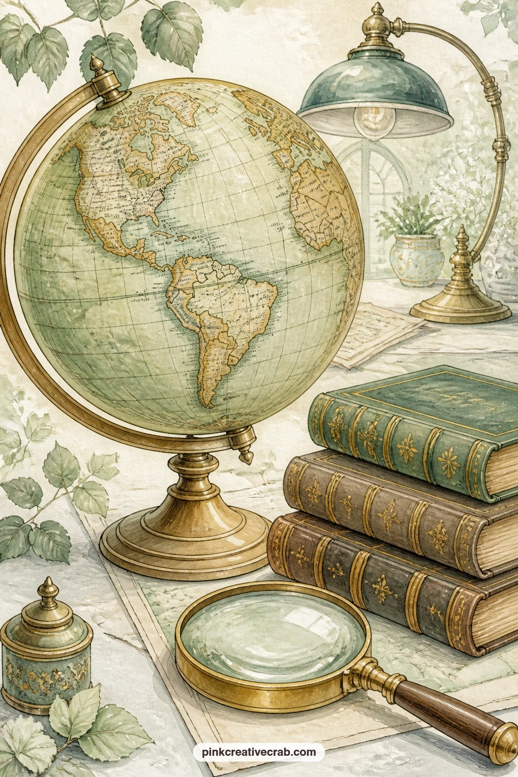 Globe And Magnifying Glass printable page — An old globe tilts beside a brass magnifying glass and a short stack of leather books, the kind of desk that
