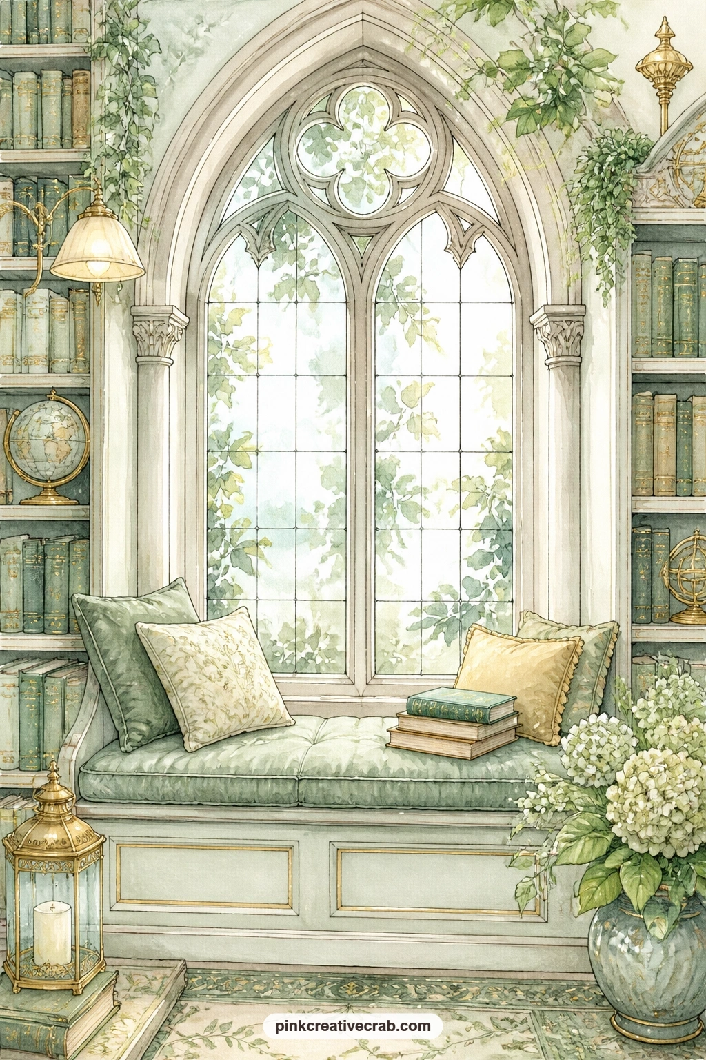 Arched Window Reading Seat printable page — A cushioned seat fills a tall arched library window, books piled beside it and soft daylight pooling across the