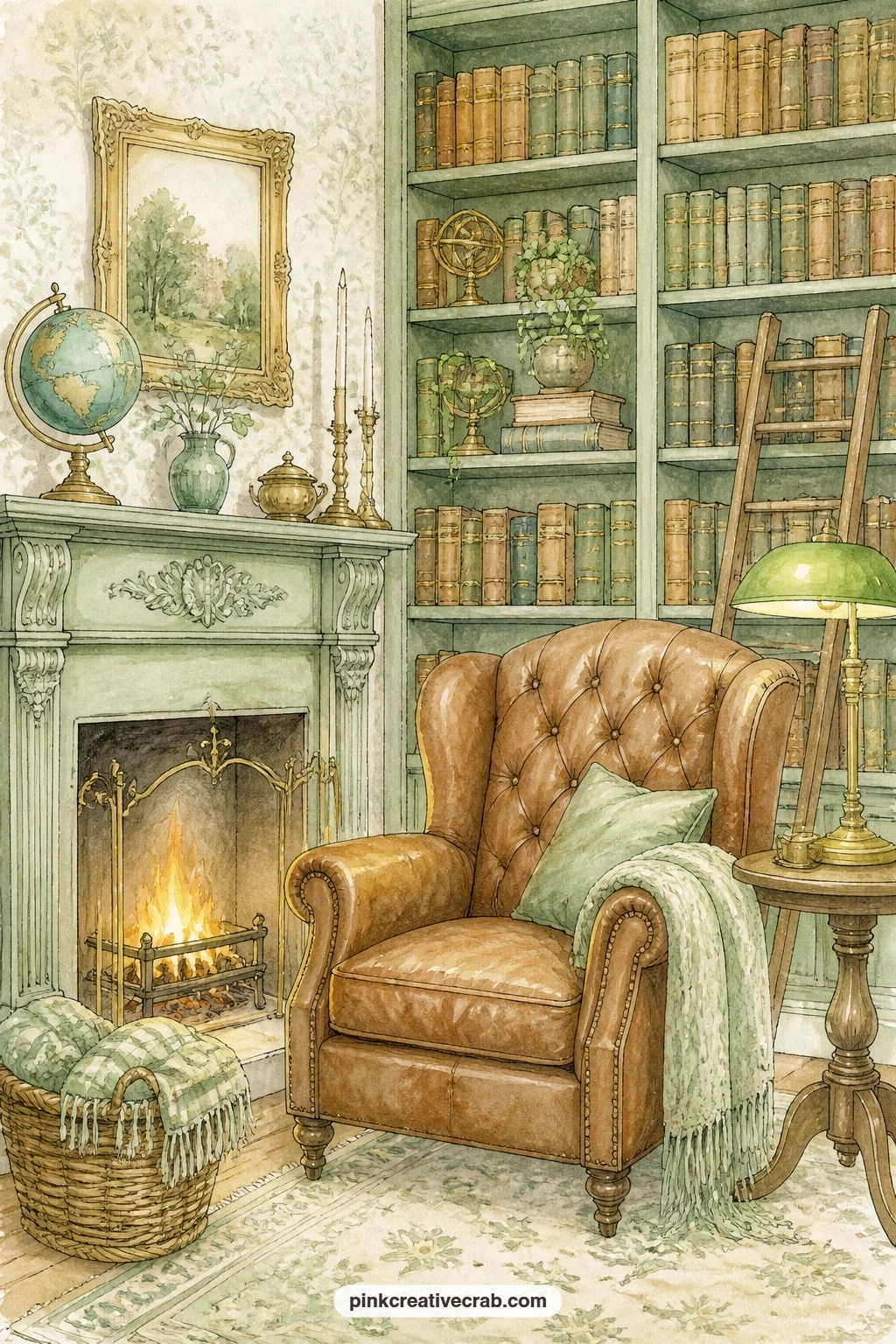 Armchair By The Fireplace printable page — A worn leather armchair sits beside a low fire, a tall bookcase rising behind it like a wall of quiet company.
