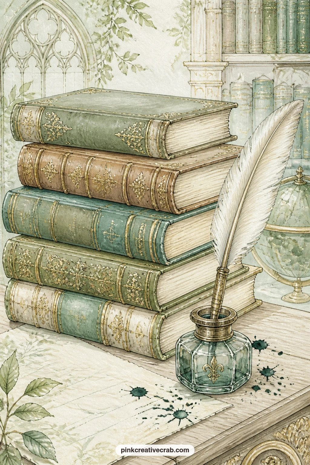 Leather Books With Quill printable page — A stack of old leather books sits beside a quill resting in an inkwell, ink spots freckling the desk around them.