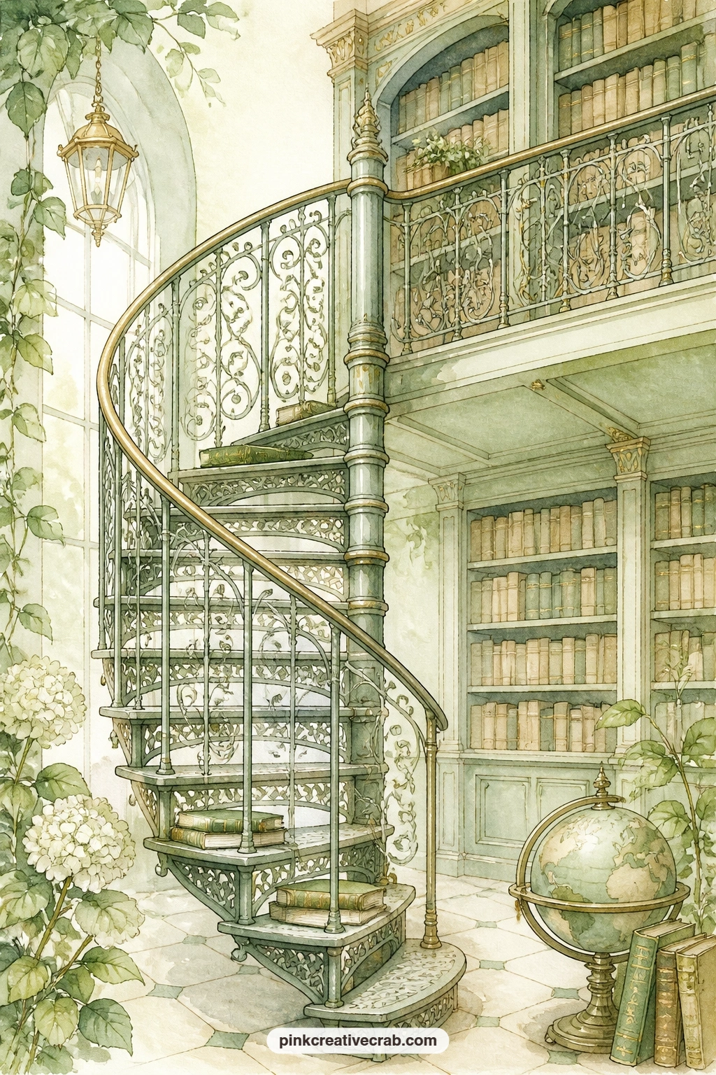 Spiral Staircase To The Balcony printable page — A spiral iron staircase climbs toward a library balcony lined with more shelves, the kind of detail that makes