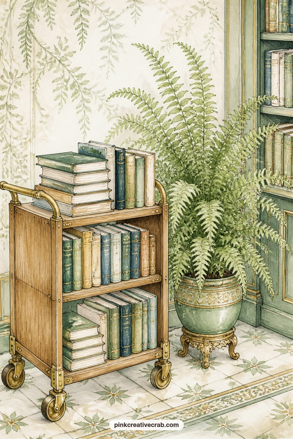 Library Cart By The Fern printable page — A library cart loaded with returned books rests beside a tall fern, waiting to be wheeled back along the aisles.