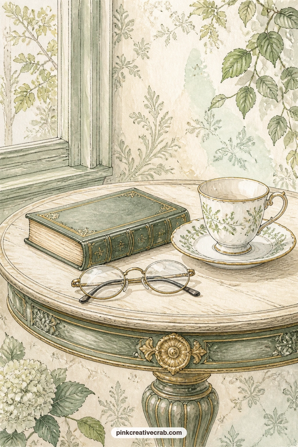 Reading Table With Teacup printable page — A pair of spectacles rests folded beside a closed book and a half finished cup of tea, as if the reader just stepped