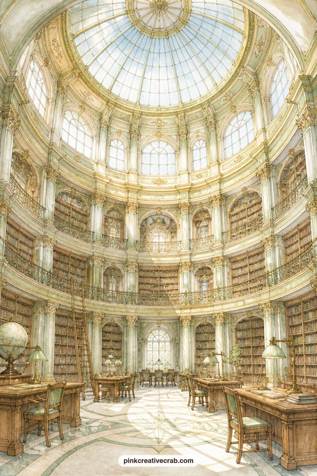 Domed Ceiling In Sunlight printable page — A glass dome pours sunlight down through balconies of shelves, the whole room glowing from floor to ceiling. Library