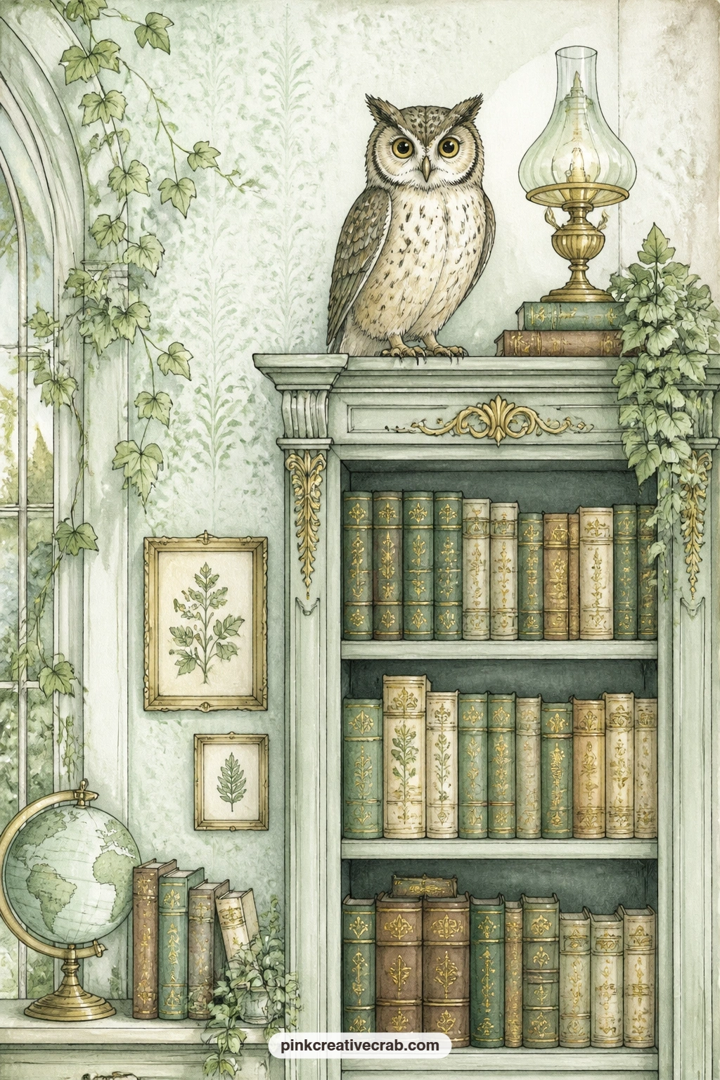 Owl On The Bookcase printable page — An owl perches on top of a tall bookcase, keeping watch beside a brass lamp that never quite goes out. Library junk journal