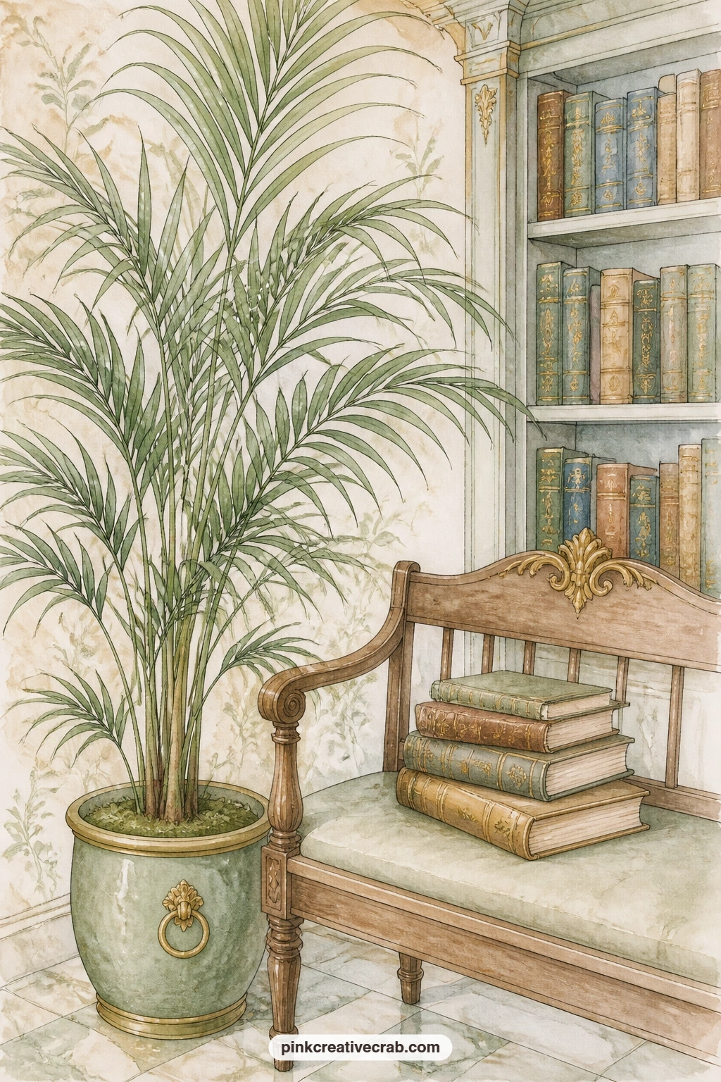 Corner With Potted Palm printable page — A potted palm leans over a small bench tucked into a quiet library corner, books stacked within easy reach. Library