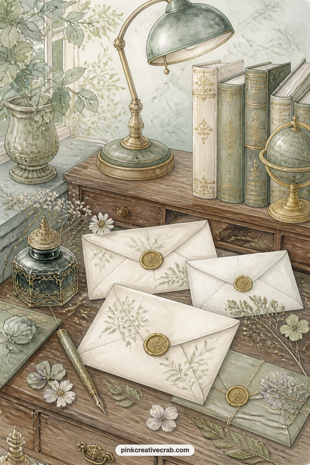 Writing Desk With Sealed Letters printable page — Sealed envelopes lean against a bottle of ink, a few pressed flowers scattered across the desk like forgotten