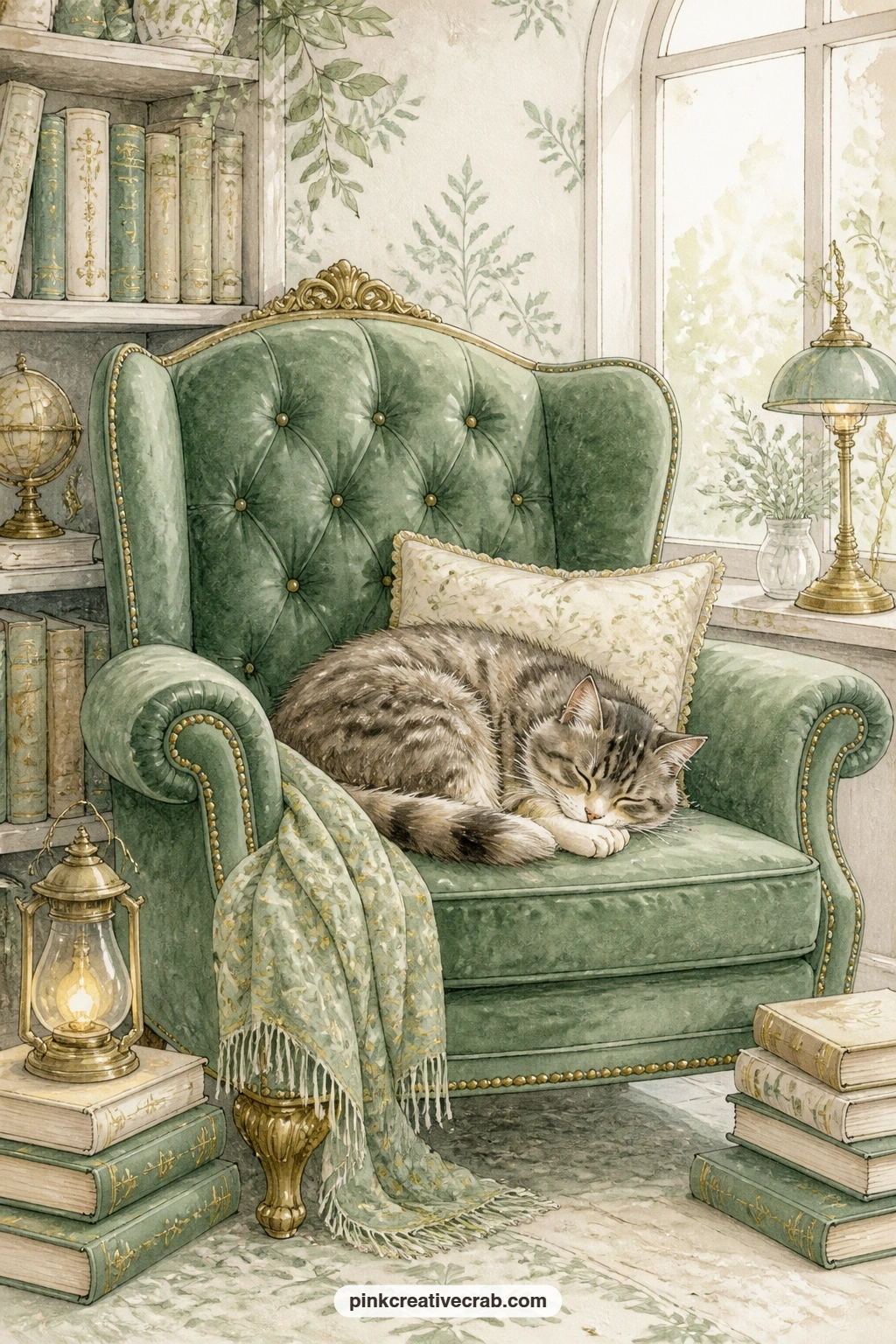 Library Cat On Velvet Chair printable page — A library cat curls into a velvet chair surrounded by books, perfectly content to guard the reading room. Library