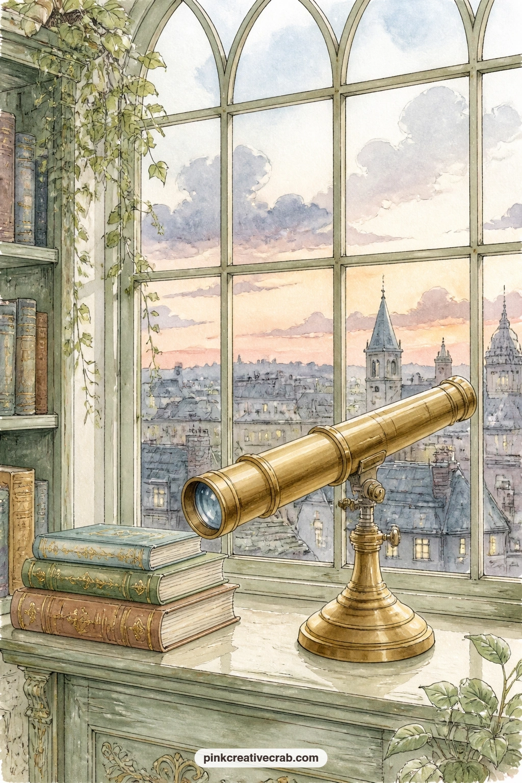 Telescope On The Windowsill printable page — A brass telescope rests on a library windowsill among a few old books, angled as if someone just finished