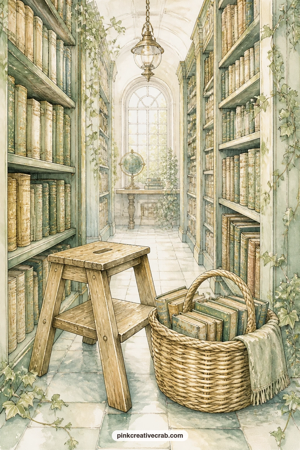 Step Stool And Book Basket printable page — A little step stool sits beside a basket of books in a narrow library aisle, ready for the next tall shelf. Library