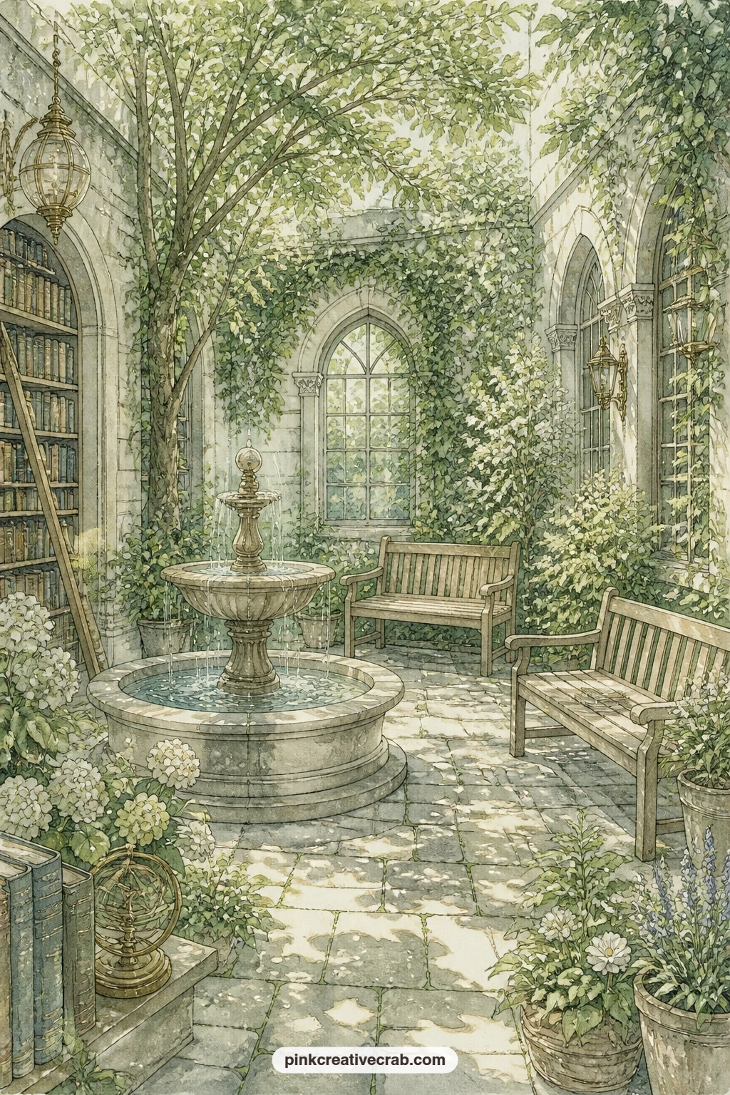Library Garden Courtyard printable page — A stone courtyard opens behind the reading room, a small fountain trickling between benches shaded by old trees.