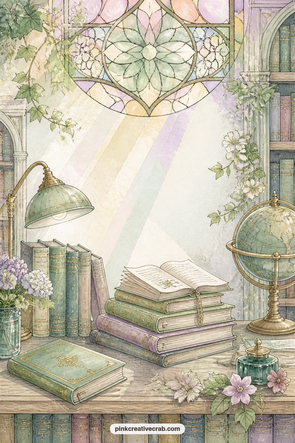 Stained Glass Over The Table printable page — Coloured light falls in soft patches across a quiet table stacked with books, cast down from a stained glass