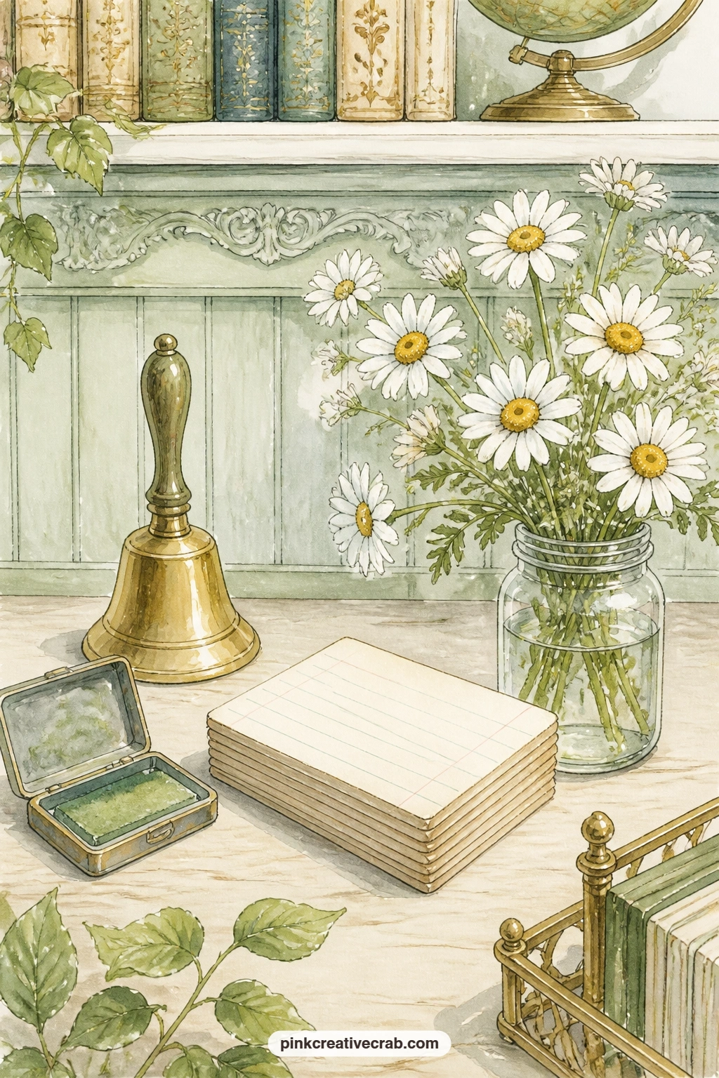 Librarian's Desk With Daisies printable page — A brass bell sits beside a worn stamp pad on the librarian's desk, a small jar of daisies brightening the