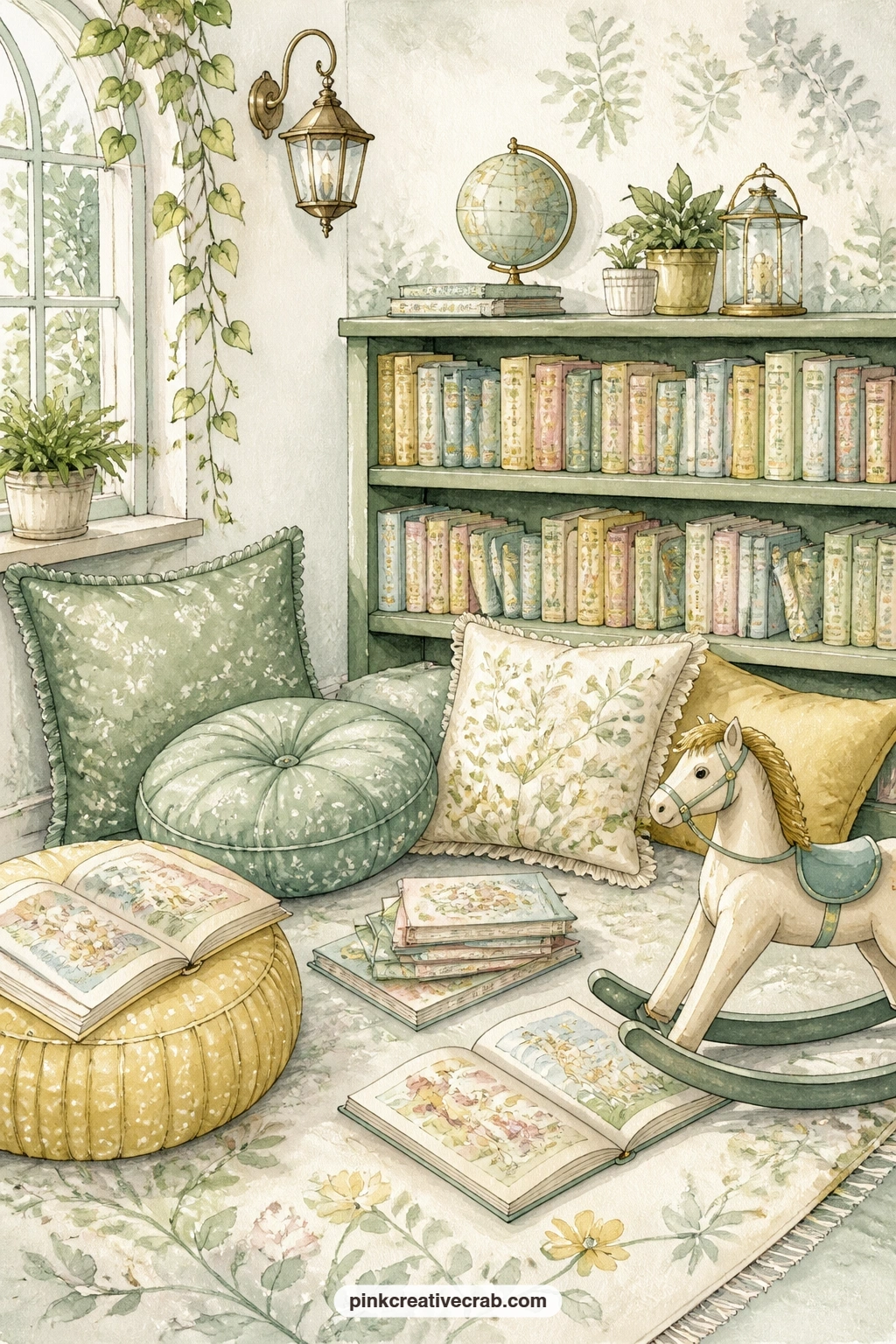 Children's Reading Corner printable page — Cushions and picture books fill a cosy children's corner, a small rocking horse waiting beside the lowest shelf.