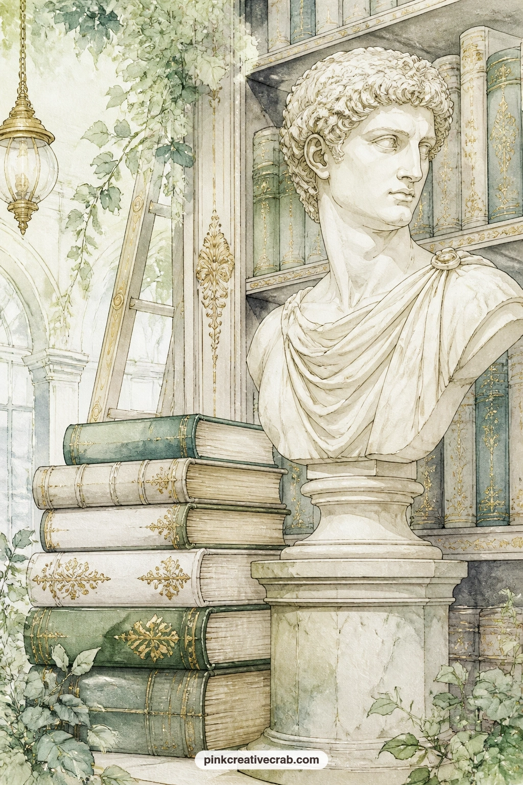 Marble Bust Among Books printable page — A marble bust watches over a stack of books on a high library shelf, as still as the room around it. Library junk