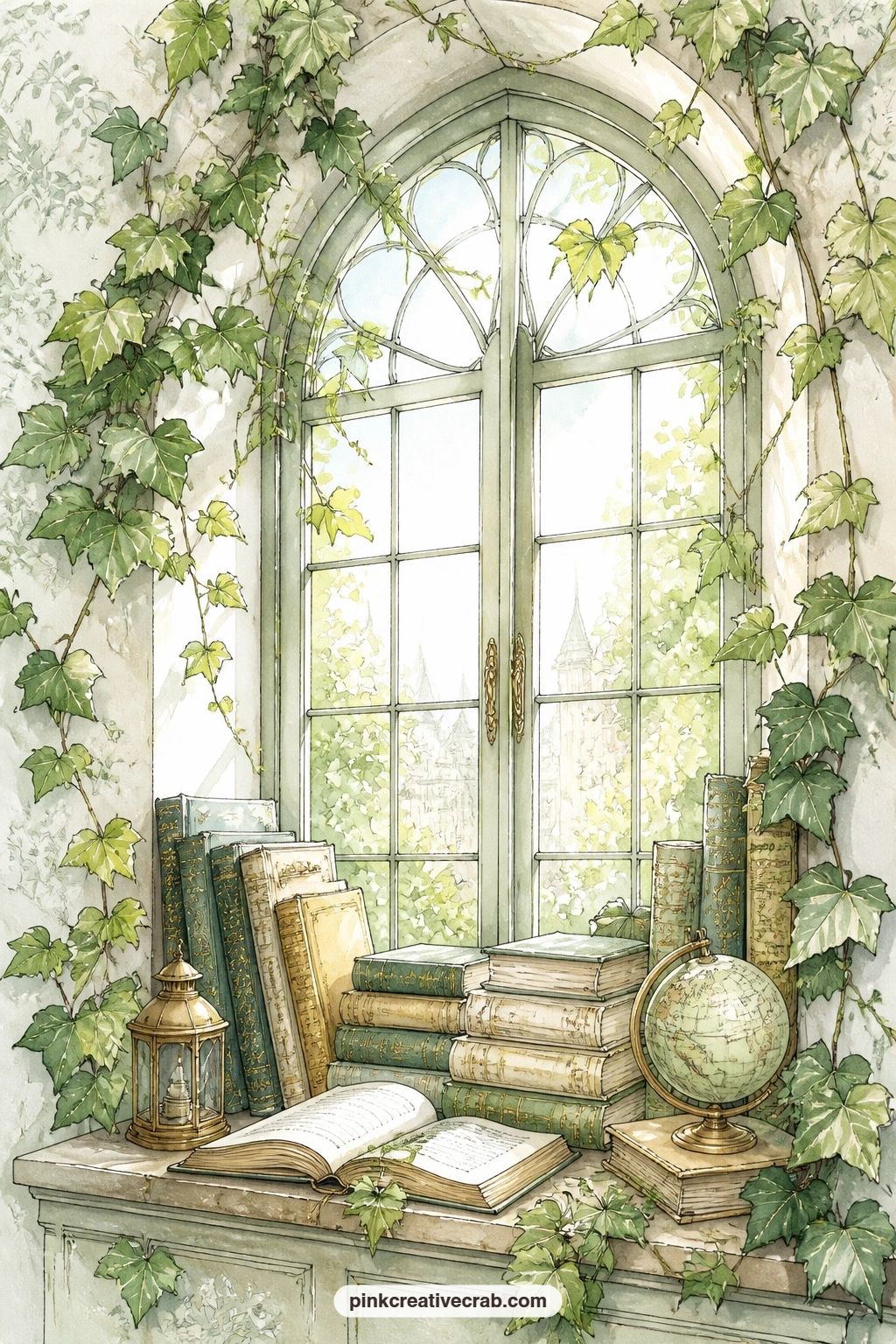 Window Alcove With Ivy printable page — Ivy climbs outside a quiet window alcove where books are piled along the sill, light falling softly through the leaves.