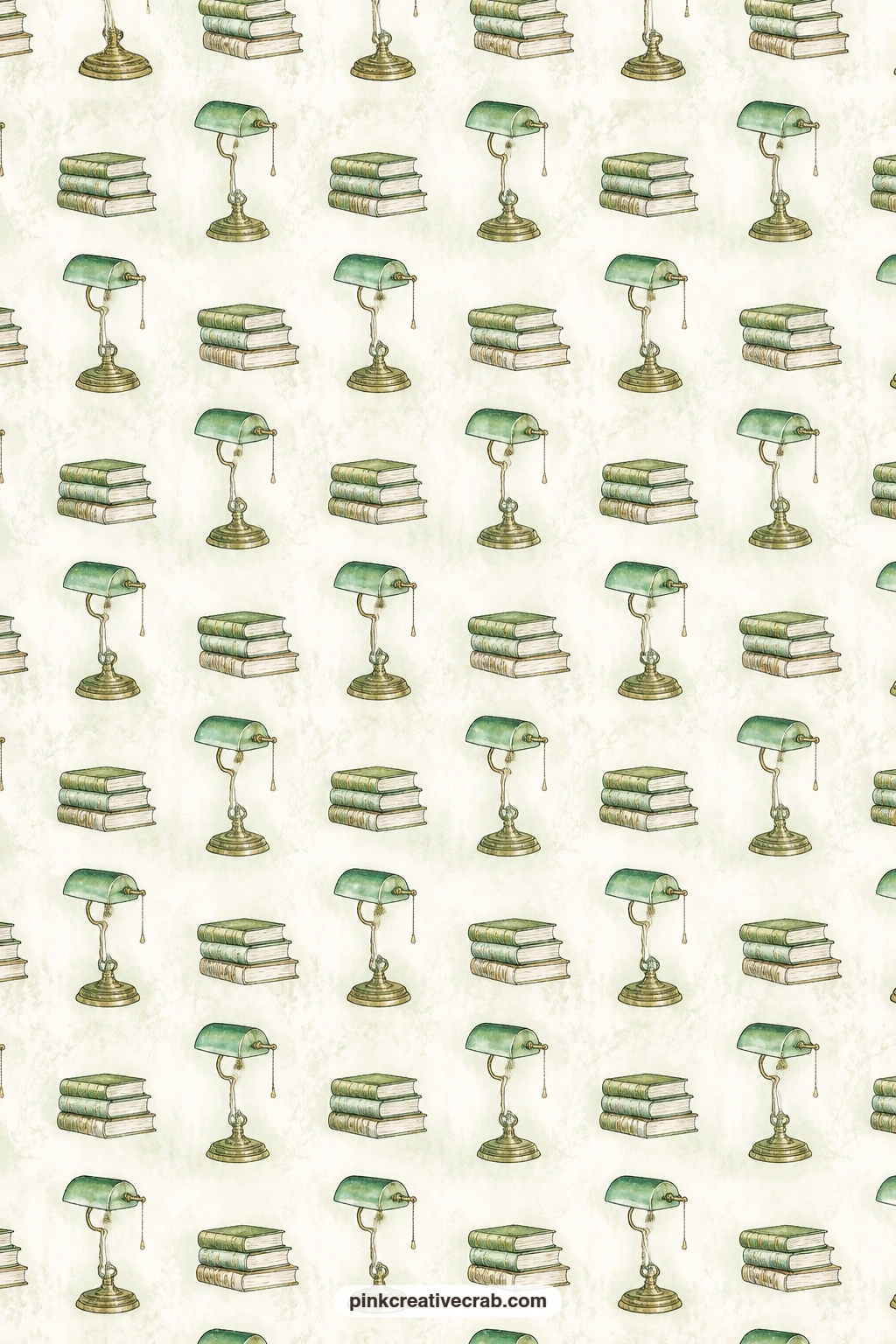 Green Study Lamps Pattern printable page — Rows of small green study lamps repeat beside stacked books across the sheet, perfect under a photo, lining a pocket