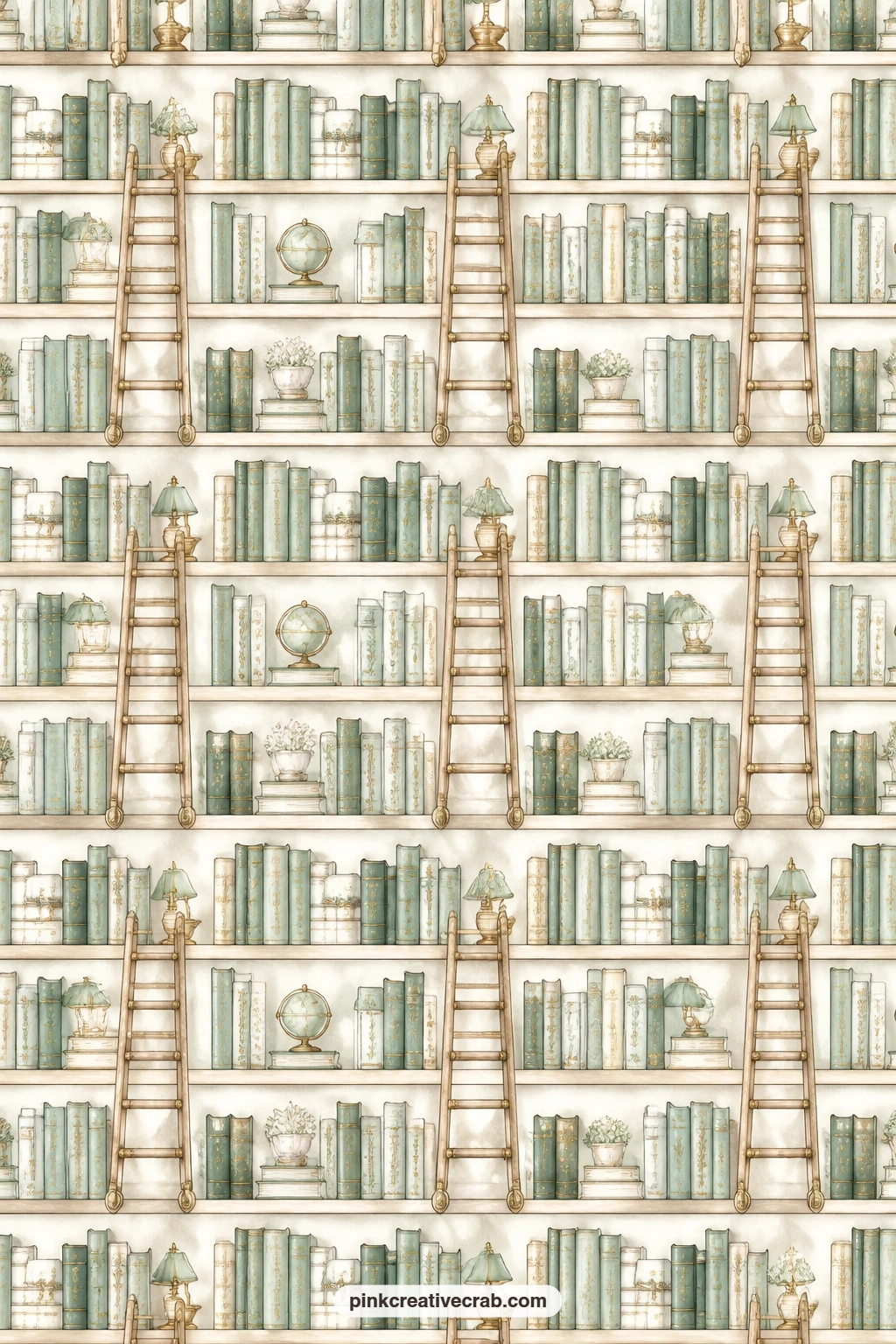 Ladders And Bookshelves Pattern printable page — Tiny rolling ladders and rows of shelved spines tile the page edge to edge, useful as a pocket lining, a cover