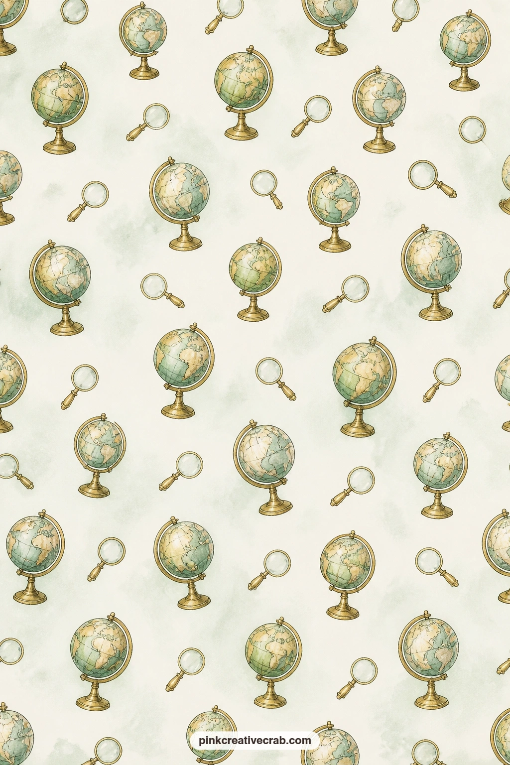Globes And Magnifying Glasses Pattern printable page — Little globes and brass magnifying glasses scatter evenly across the page, good for a cover, a pocket