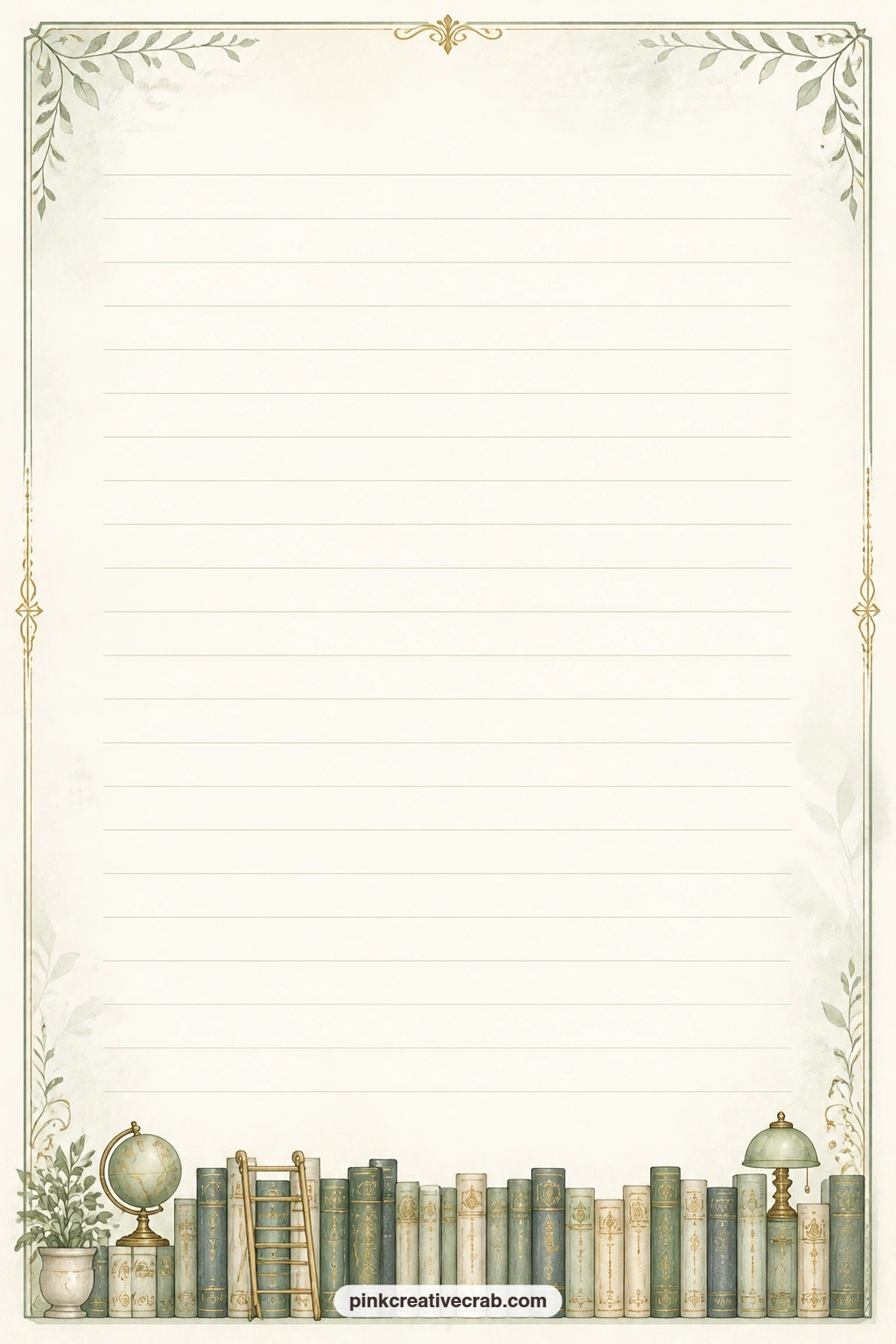 Bookshelf Border Lined Page printable page — A narrow band of bookshelf spines runs across the bottom border, with faint ruled lines above for a reading list